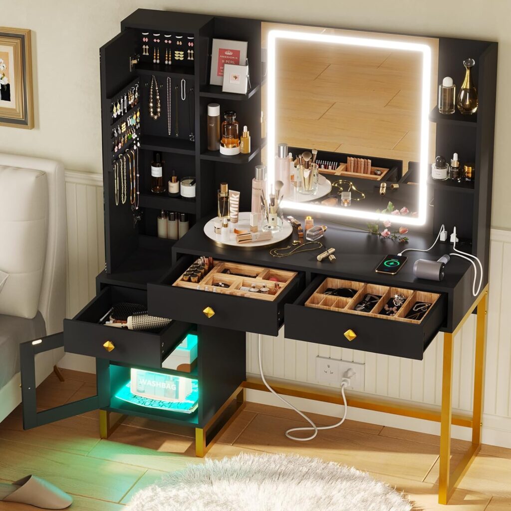 ADORNEVE Makeup Vanity Desk with Full-Length Mirror  Lighted LED Mirror, Large Makeup Vanity Table with Lights  Charging Station, 3 Drawers  RGB Cabinet, Makeup Table Set, White  Gold
