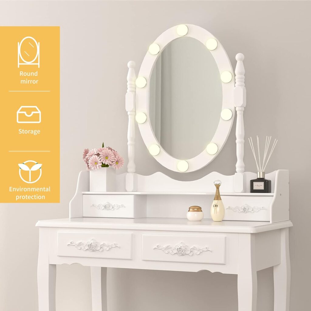 Alohappy Makeup Vanity Set with Mirror  Stool for Girls, Vanity Table and Cushioned Stool Set with 4 Drawers, Wood Dressing Table for Bedroom