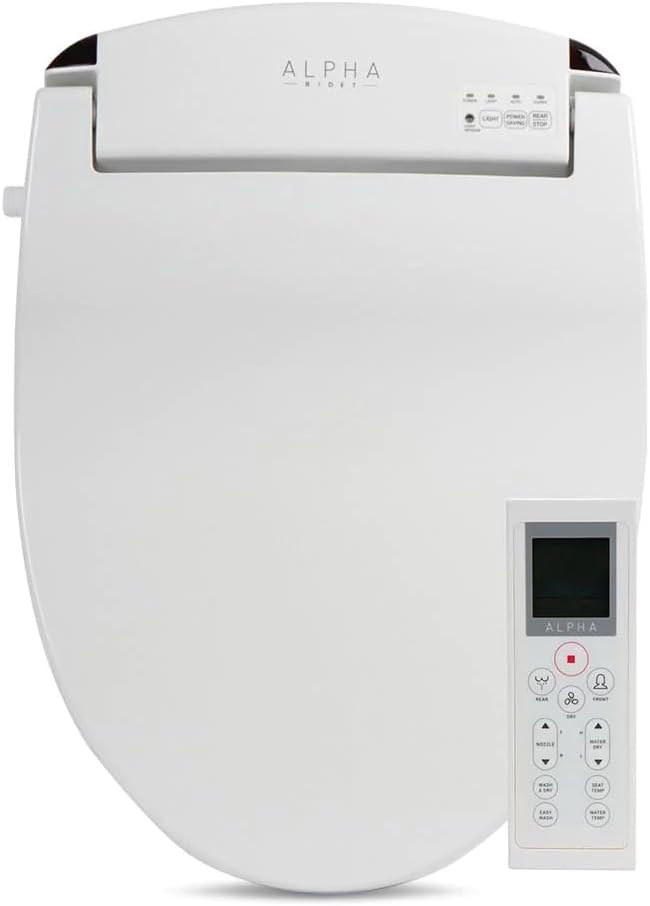 ALPHA BIDET JX Elongated Bidet Toilet Seat, White, Endless Warm Water, Rear and Front Wash, LED Light, Quiet Operation, Wireless Remote, Low Profile Sittable Lid, 3 Year Warranty (Elongated)