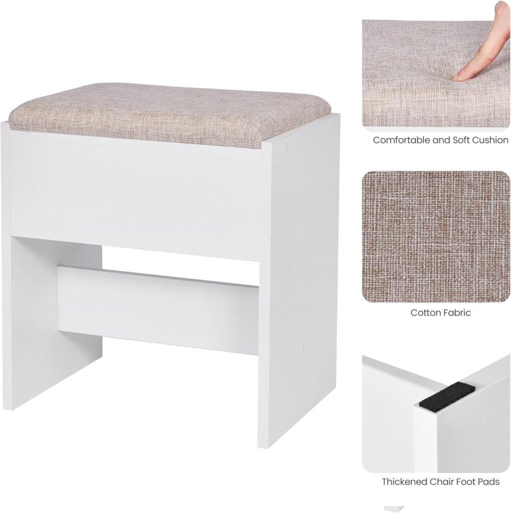 ANWBROAD Makeup Vanity Desk Vanity Set with LED Lighted Mirror Makeup Vanity Table Set with Charging Station Nightstand 3 Colors Modes Dimming Cushioned Stool Large Frameless Mirror White UBDT13W