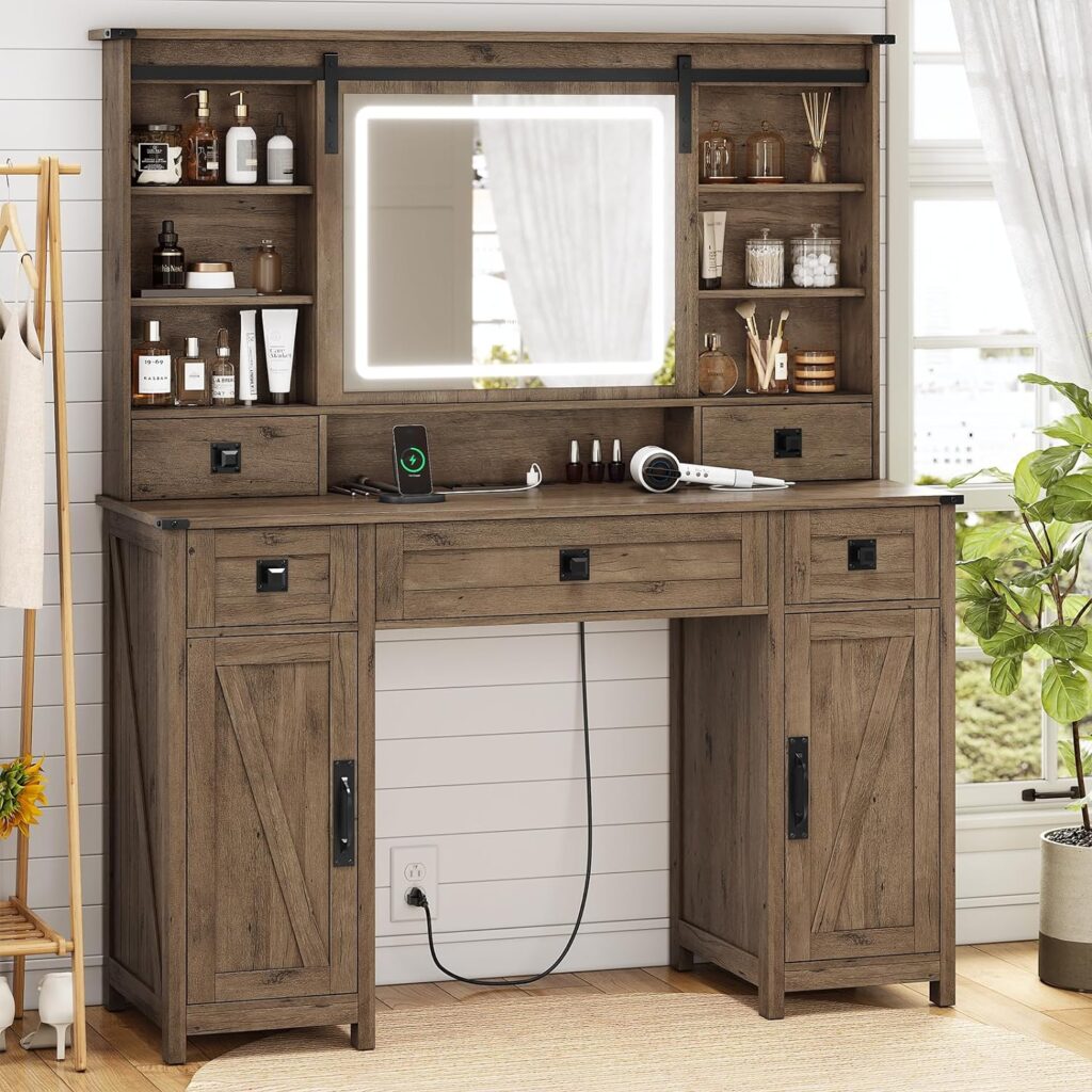 AOGLLATI Vanity Desk with Mirror and Lights, Makeup Vanity with Lights  Charging Station, Farmhouse Large Vanity Table with Ample Storage Space and Sliding Mirror