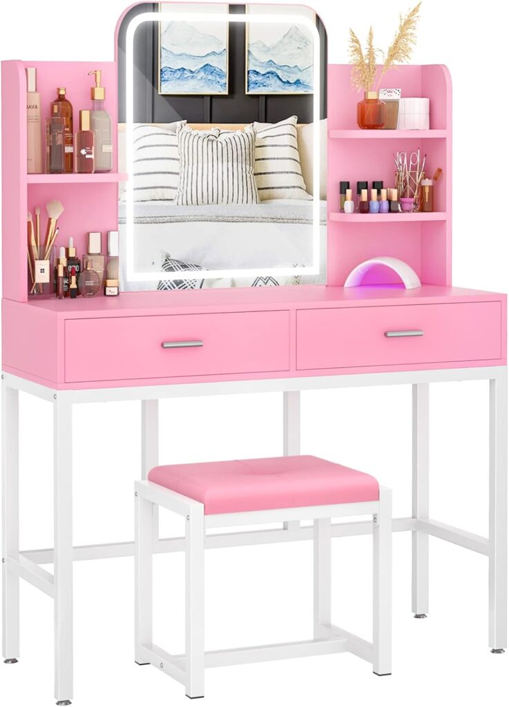 armocity Vanity Desk with Mirror and Light, Makeup Vanity with Cushioned Stool, Vanity Table Set with 3 Color Lighting Options, Modern Dressing Table with 2 Storage Drawers for Bedroom, Pink