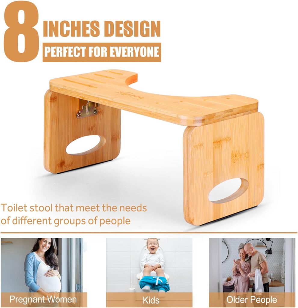Beinilai Toilet Stool, Foldable Toilet Stool Squat Adult for Bathroom, Bamboo Poop Stool for Adult, 8 Inches Squatting Bathroom Potty Stool with 2 Packs Anti-Slip Strip（Natural Color）