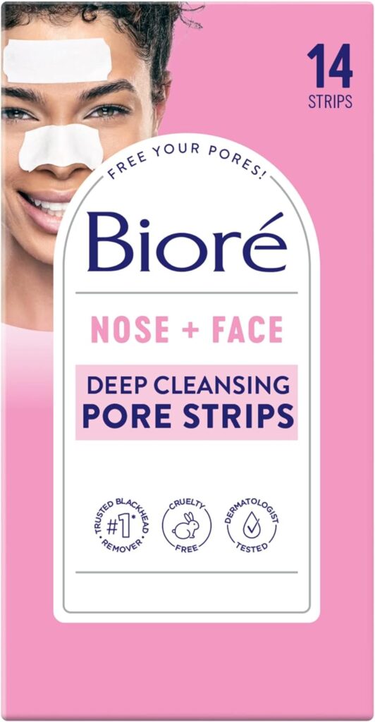 Bioré Nose+Face, Deep Cleansing Pore Strips, 7 Nose + 7 Chin or Forehead, with Instant Blackhead Removal and Pore Unclogging, 14 Count, Oil-free, Non-Comedogenic Use