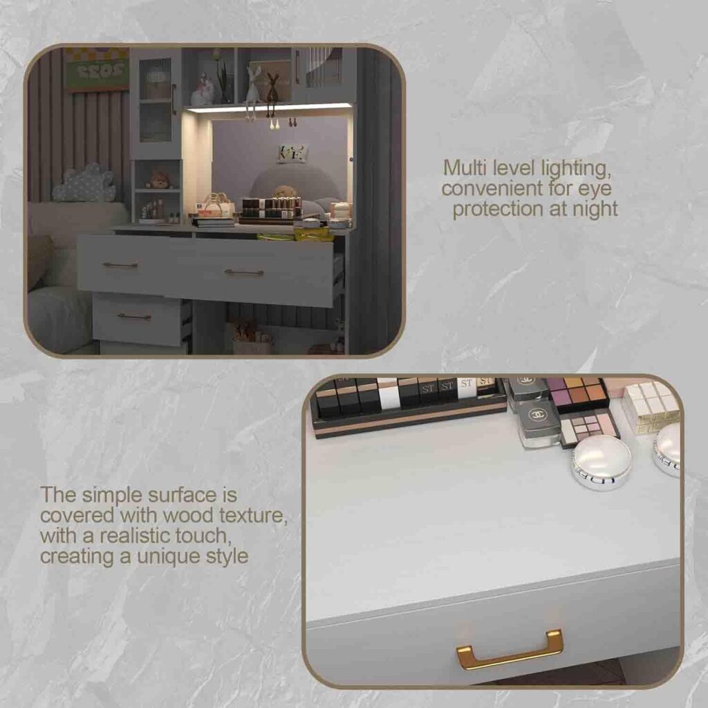 BJYXO Vanity Desk with Large Lighted Mirror,Large Makeup Vanity Table Lots Drawers  with Door Shelves of Vanity Set,Modern Makeup Desk for Bedroom (66.9 H) White