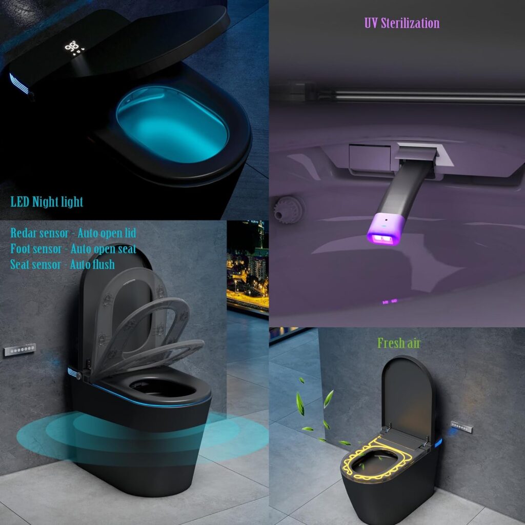 BONSAM Modern Black Smart Toilet with Automatic Open/Close Lid, One Piece Tankless Toilet with Bidet Built In, Heated Seat, Rear Wash, Front Wash, Warm Air Drying, Auto Flushing, Remote Control