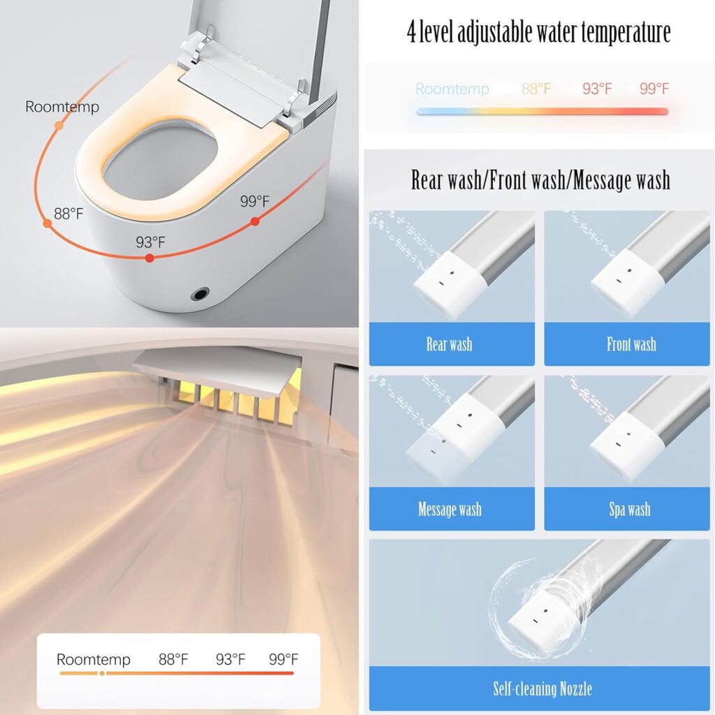 BONSAM Smart Bidet Toilet with Heated Seat, Warm Water and Air Dryer for Modern Bathrooms. Intelligent Tankless Toilet with Automatic Open/Close Lid and Seat, Remote Control