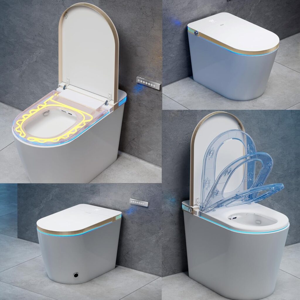BONSAM Smart Toilet with Automatic Open/Close Lid, Modern Intelligent Toilet. White and Gold One Piece Toilet with Bidet Built In, Auto Flush/Blackout Flush.