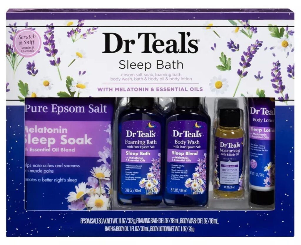 Dr Teals Melatonin Gift Set for Better Sleep - Epsom Salt Soak, Bath, Body Wash, Body Oil  Lotion - At Home Spa Kit