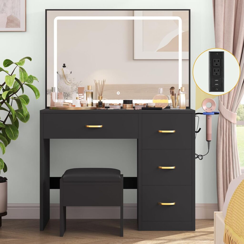 DWVO Makeup Vanity Table, Vanity Desk Set with Large Mirror, LED Lights with Adjustable Brightness, Bedroom Vanity Table with 4 Drawers and Cushioned Stool for Women Girls, Carbon Black