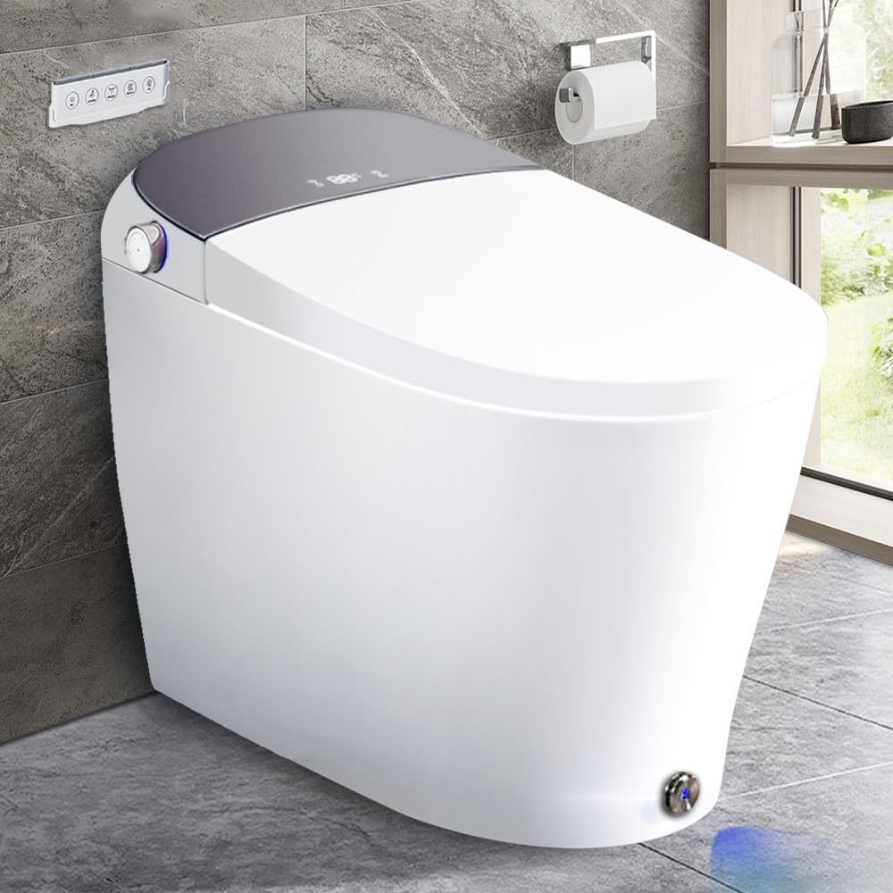 EPLO Smart Toilet Heated Seat,Off-seat Auto Flush,Foot Kick Flush,Blackout can Flush,Warm Wash,One piece Toilet with Bidet built in,Night Light,LED Display,Modern Elongated Toilets for Bathrooms