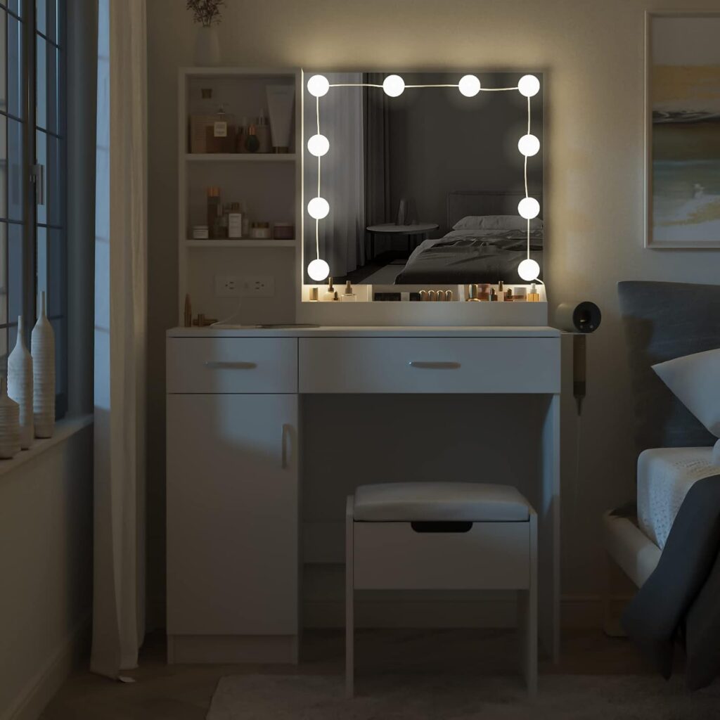 Fameill Makeup Vanity Desk with Lighted Mirror  Power Strip,White Vanity Table Set with Lights and Lots Storage,2 Drawer Makeup Table,3 Lighting Colors,35.4in(L)