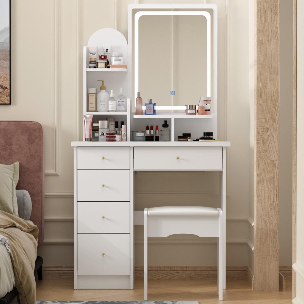 FUFUGAGA Vanity Set with Rectangular Mirror, Makeup Vanity Dressing Table with 5 Drawers, Shelves, Dresser Desk and Cushioned Stool Set (B White/Lighted Mirror)