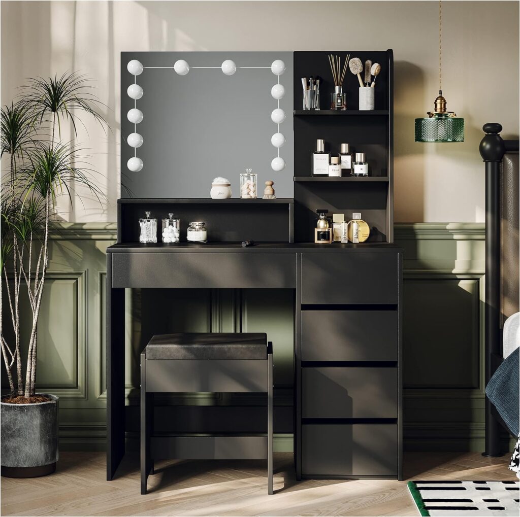 Furniouse 37 W Vanity Desk, Vanity Mirror with Lights and Table Set with 5 Drawers, Vanity Set 3 Lighting Modes Brightness Adjustable for Bedroom Studio