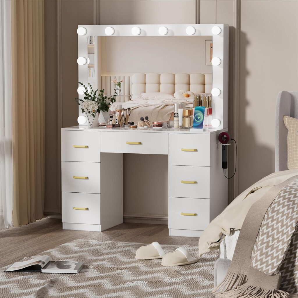 FURNJOYLIFE White Makeup Vanity Desk with Lighted Mirror  Power Outlet,3 Color Modes, Brightness Adjustable,Vanity Table with Drawer,Sliding 2 Storage Wall-Mounted Jewelry,4 Shelves for Bedroom