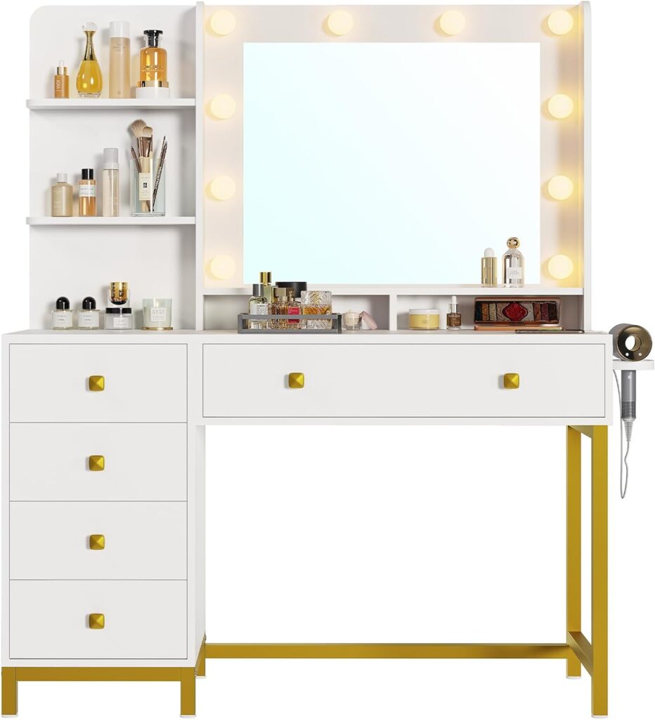 Hasuit Vanity Desk with Mirror and Lights, Makeup Vanity Table, White