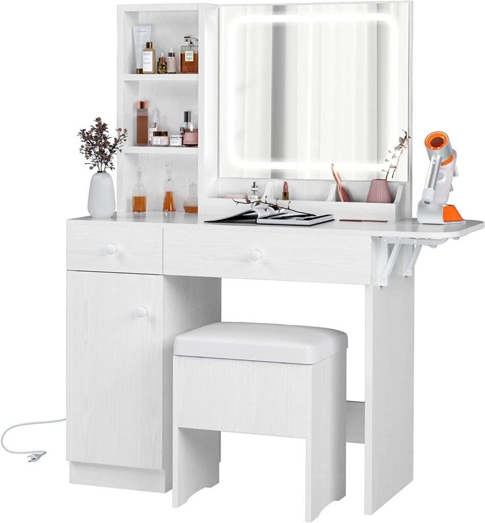 IRONCK Vanity Desk with LED Lighted Mirror  Power Outlet, Makeup Table with Drawers  Cabinet,Storage Stool,for Bedroom, White