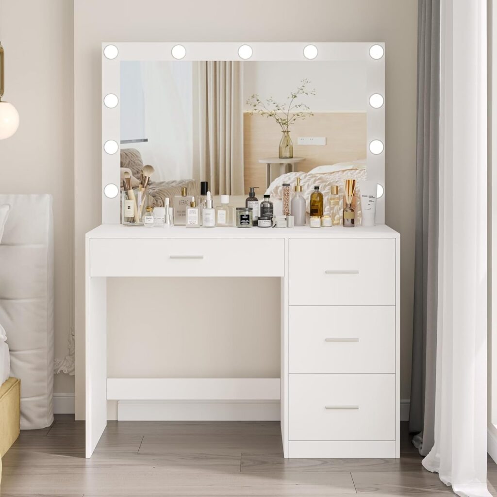 Irontar Makeup Vanity Table, Makeup Table with Large Mirror and 11 LED Lights, Brightness Adjustable, Dressing Table Desk with 4 Drawers, Vanity Desk for Girls, Women, White WDT002W