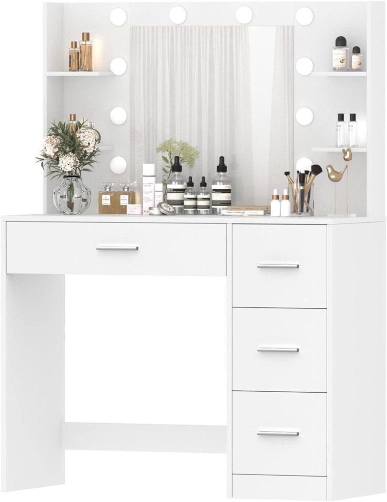 Irontar Vanity Desk, Makeup Vanity with 10 LED Lights  4 Drawers, Brightness Adjustable, Dressing Table Desk with 6 Shelves, Vanity Table for Girls, Women, White WDT003W