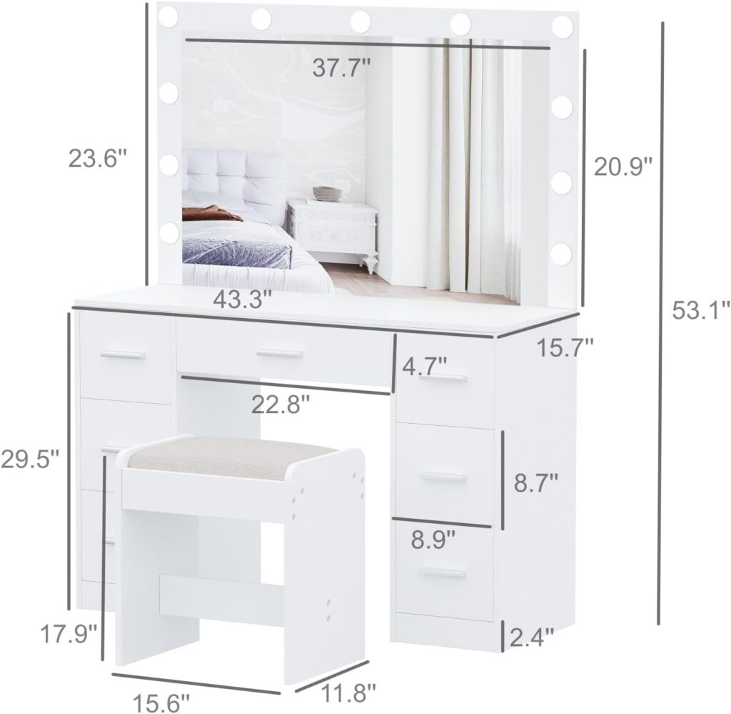 Irontar Vanity Desk with Stool, Makeup Table with Lighted Mirror, 3 Color Lighting Modes, Brightness Adjustable, Dressing Table with Drawers, Vanity Table Set for Women, Girls, White WDT004WD