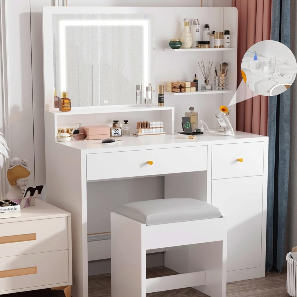 jiteentarou 37 Vanity Desk with Mirror and Lights, LED White Vanity Set with Stool and Power Outlet, Lighted Make up Vanity Desk with Drawers and 3 Lighting Modes for Women, Girls(White)