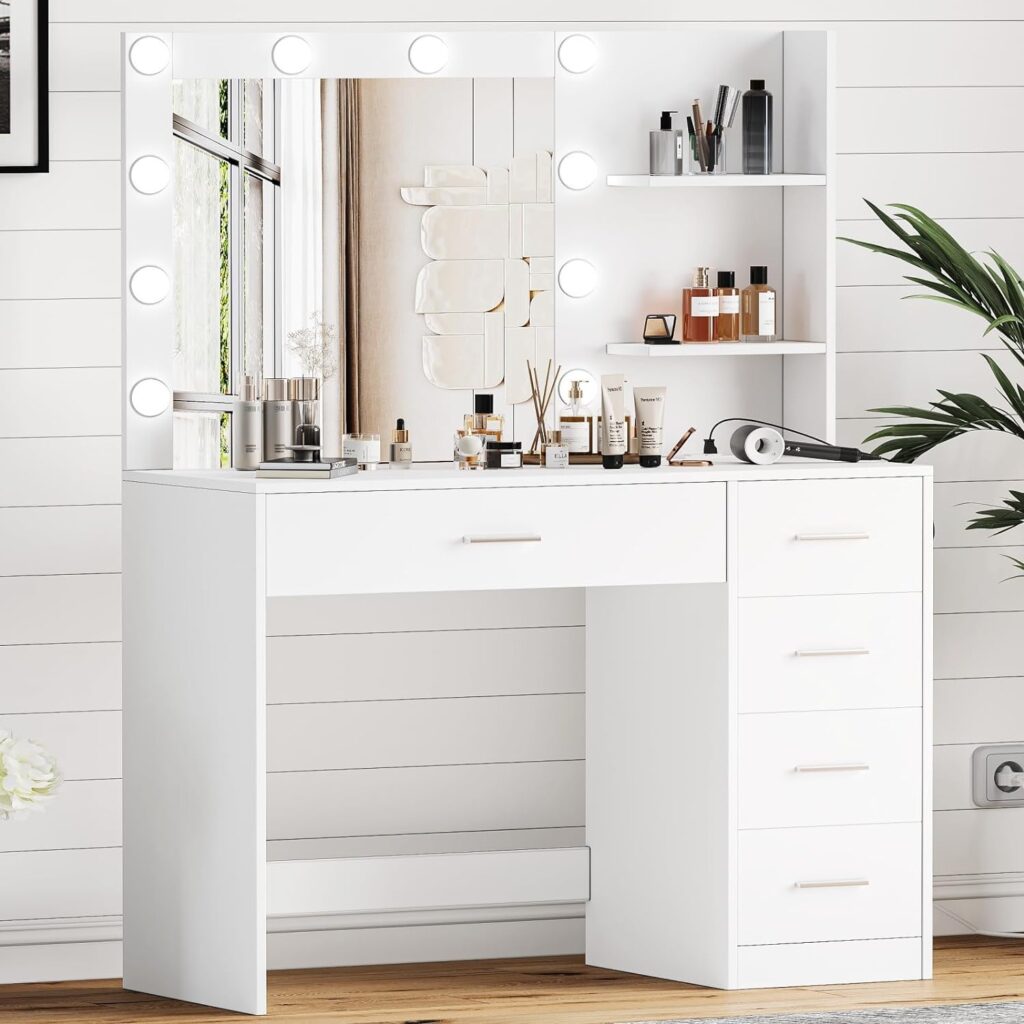 Keehusux Vanity Table with Mirror and Lights, 3 Lighting Colors, Bedroom Makeup Vanity with Charging Station, Makeup Desk with 5 Drawers and Open Storage Shelves, White KES001WSZT