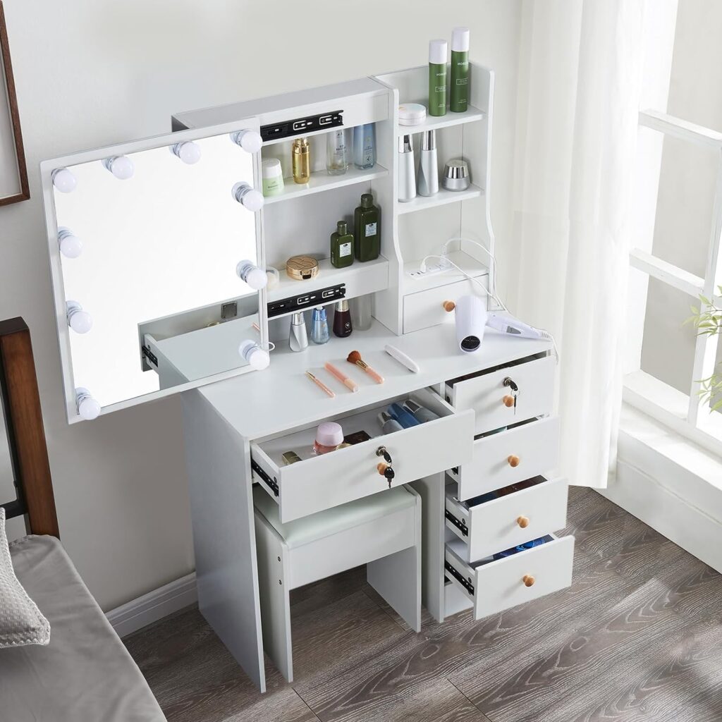 Lucaseone Vanity Desk with Lights,Makeup Vanity with Drawers, Vanity Set 3 Lighting Modes Brightness Adjustable, Dressing Table with Cushioned Stool for Bedroom (Modern LU06USB)