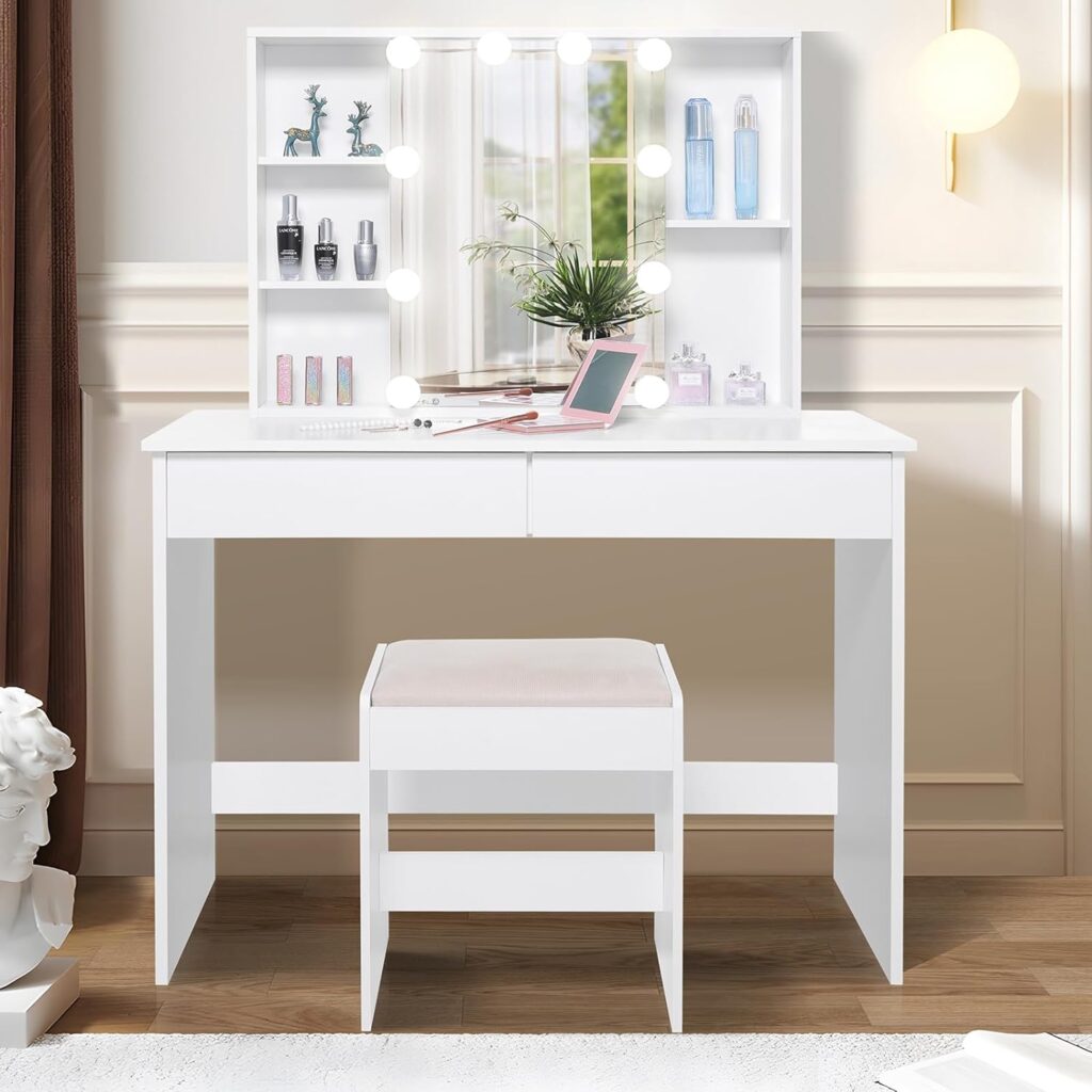 Makeup Vanity Desk with Sliding Lighted Mirror for Christmas Day, Makeup Table Vanity Desk with 2 Large Drawers, 3 Color Lighting Modes, Brightness Adjustable, Vanity Table for Women Girls, White