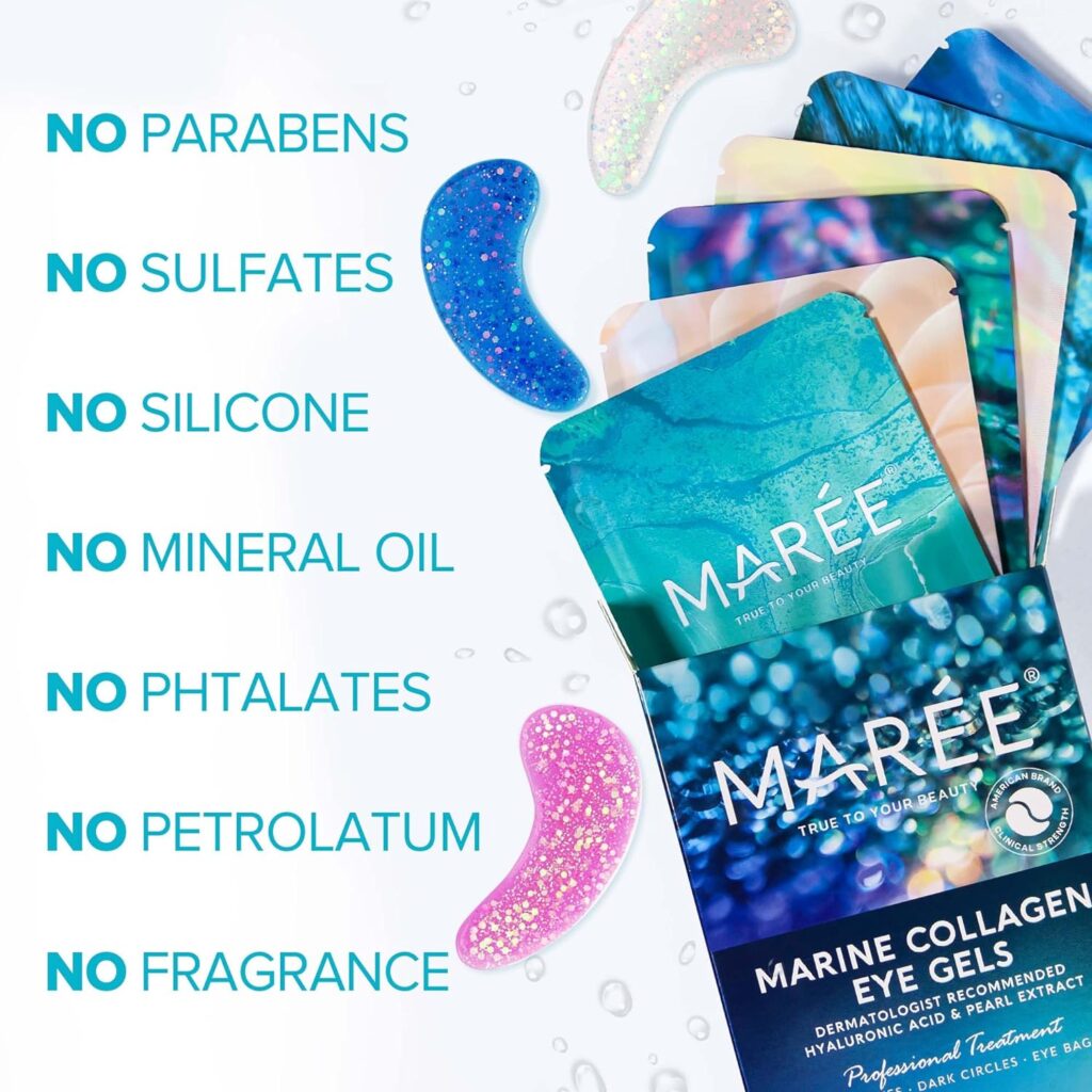 MAREE Eye Gel Pads - Under Eye Wrinkle Patches for Puffy Eyes and Dark Circles with Natural Marine Collagen  Hyaluronic Acid - Anti-Aging Eye Mask for Face to Soothe Puffiness, Eye Bags and Wrinkles