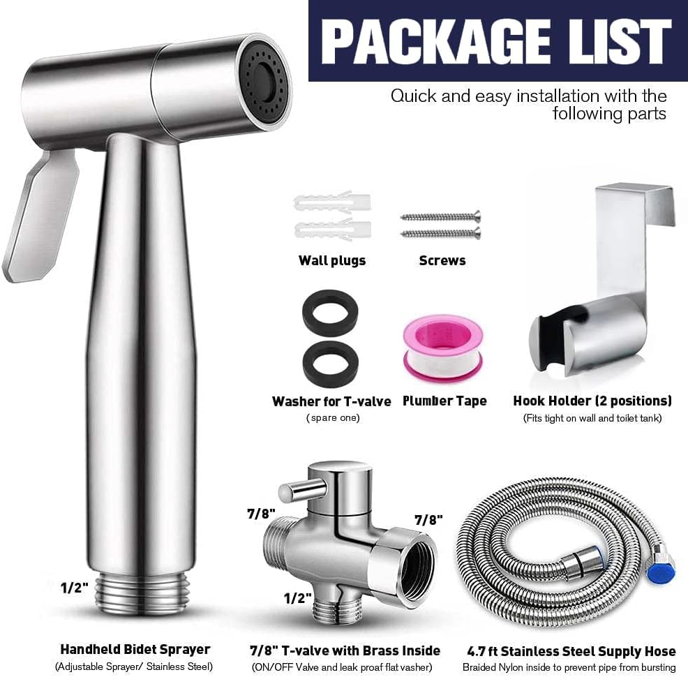 New Version Handheld Bidet Sprayer for Toilet, Premium Stainless Steel Bathroom Bidet Sprayer Set, Baby Cloth Diaper Sprayer with Superior Complete Bidet Spray Hoses Kit, Support Wall or Toilet Mount