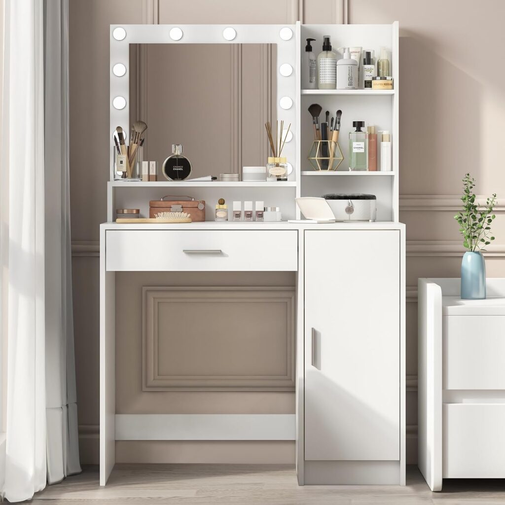 Palimder Vanity Desk with Mirror  Light, Large Drawer  Three Level Storage Dresser, 3 Lighting Modes Adjustable Brightness, Bedroom Dressing Table (White)