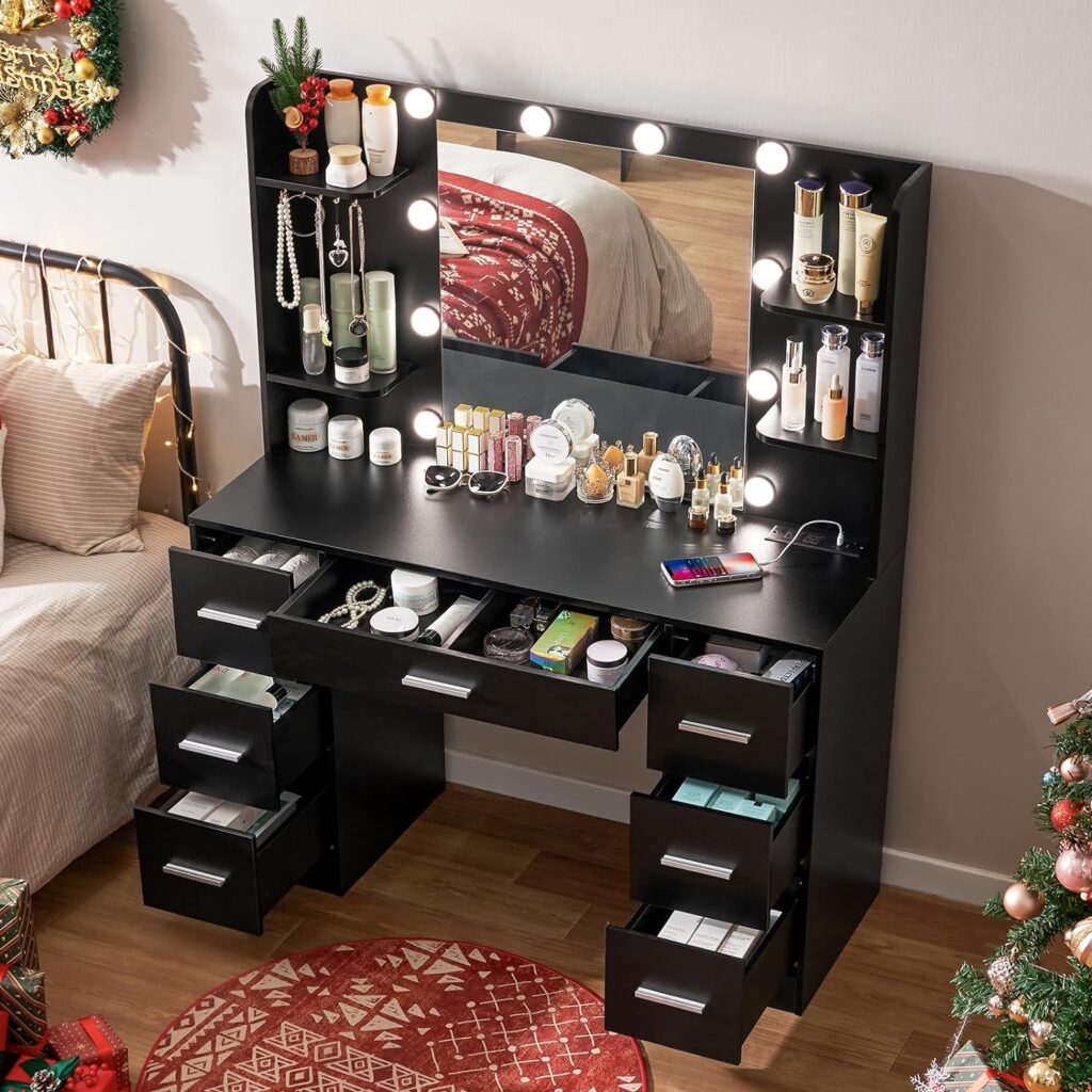 Quimoo Large Vanity Desk with LED Lighted Mirror  Power Outlet,Makeup Vanity Table with 7 Drawers,4 Shelves and 5 Hooks,Vanity Table, Vanity Desk Set for Bedroom,Bathroom,White