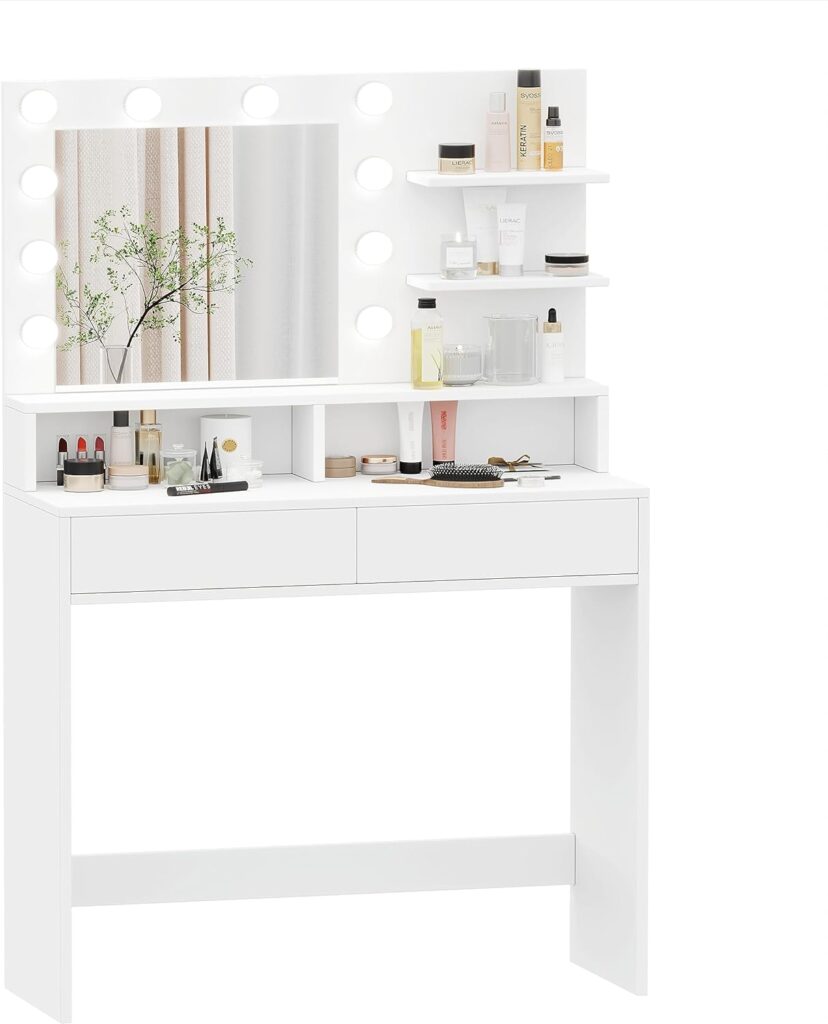 Reettic Vanity Table with Lighted Mirror and Shelf, Makeup Vanity Desk with Drawers, Bedroom Dressing Table,10 Light Blubs  Adjustable Brightness, White RSZT103W