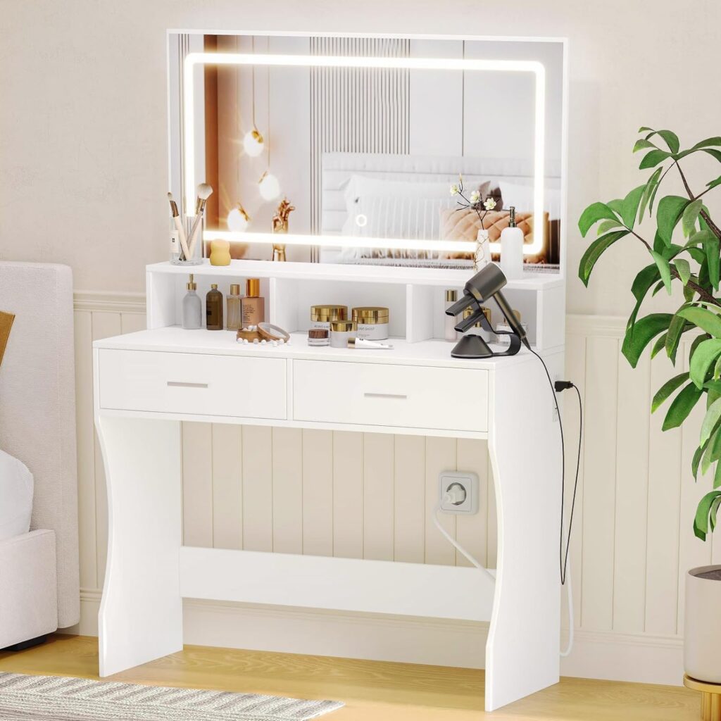 Rovaurx Vanity Table with Large Lighted Mirror, Makeup Vanity Dressing Table with Drawer, Bedroom Dressing Desk for Women, Girls, 11 LED Light Bulbs  Adjustable Brightness, White RSZT105W