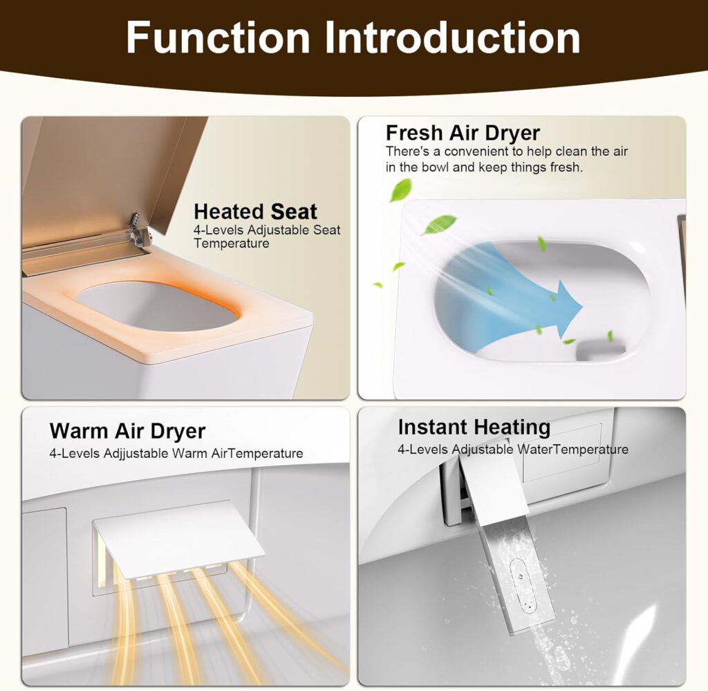 Smart Bidet Toilet for Bathroom with Remote Control, Modern Intelligent One Piece Tankless Toilet with Auto Open/Close Lid, Auto Dual Flush, Heated Bidet Seat, Warm Water and Dry