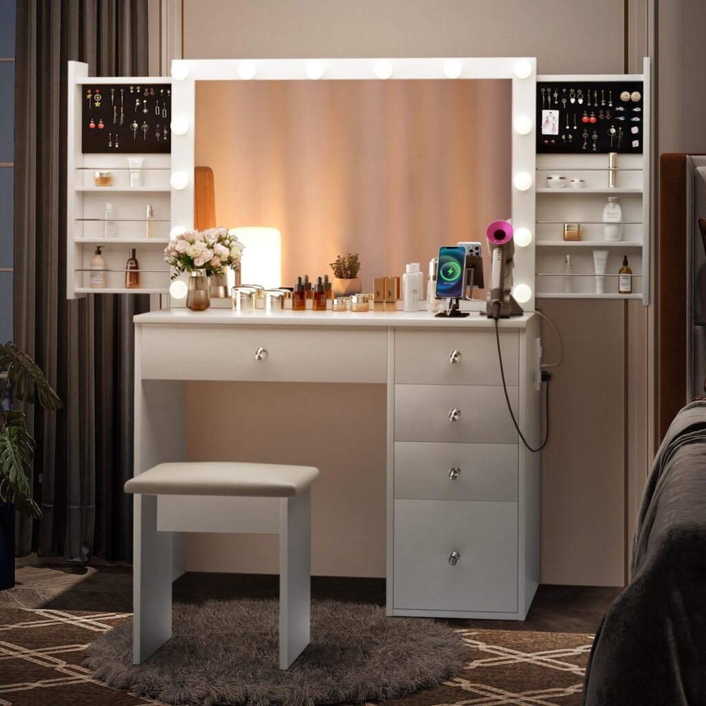 SMOOL Makeup Vanity Desk with Lighted Mirror  Power Outlet 5 Drawers, Table 3 Lighting Modes Brightness Adjustable, Sliding Storage, White Set for Bedroom 39.4 (SMOOL-196)
