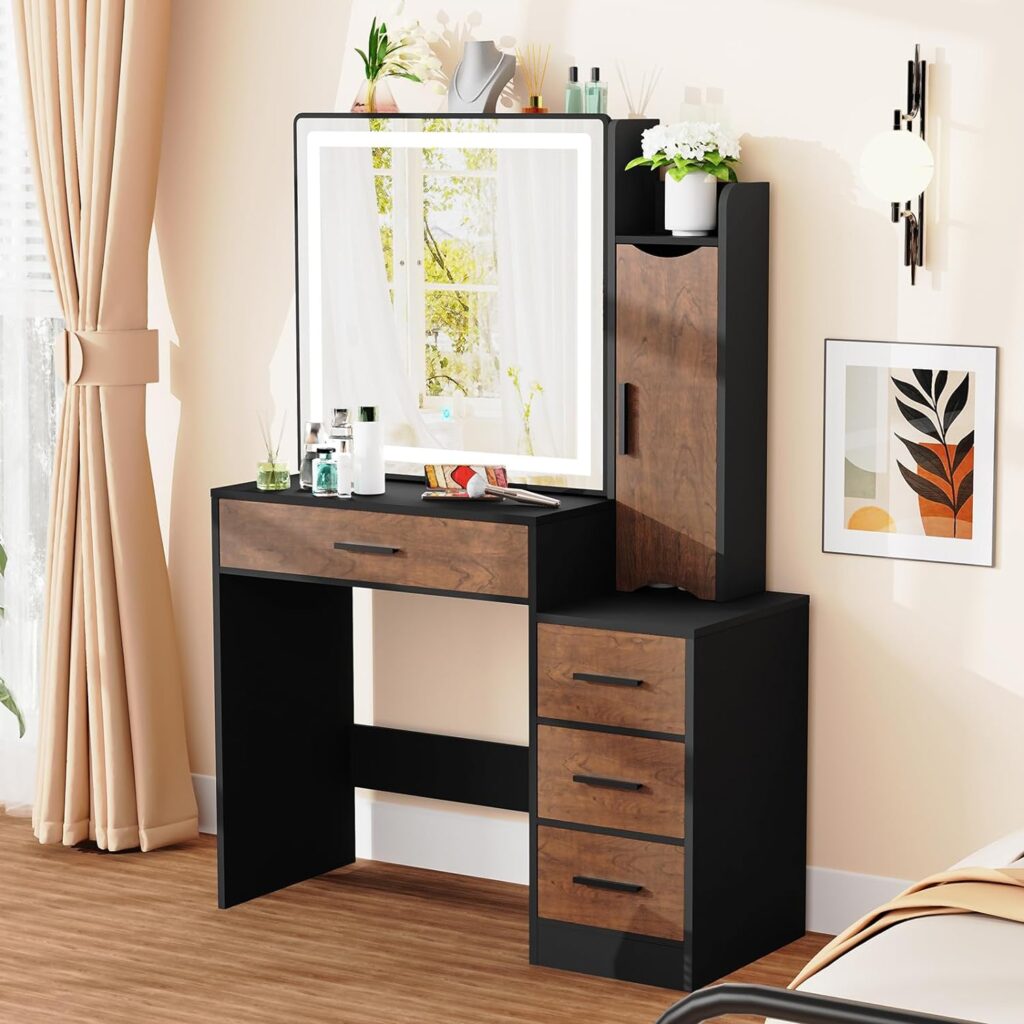 usikey Makeup Vanity Desk, Makeup Vanity Table with Sliding LED Lighted Mirror, Vanity Table with 4 Drawers  Cabinet, 3 Lighting Modes  Brightness Adjustable, Bedroom Dressing Table, Black