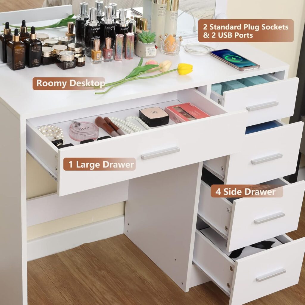 usikey Makeup Vanity Table with Large Lighted Mirror for Christmas Day, 12 Lights, Vanity Desk with Charging Station, 1 Large Drawer  4-Drawer Chest, Vanity Table Set with Stool for Bedroom, White