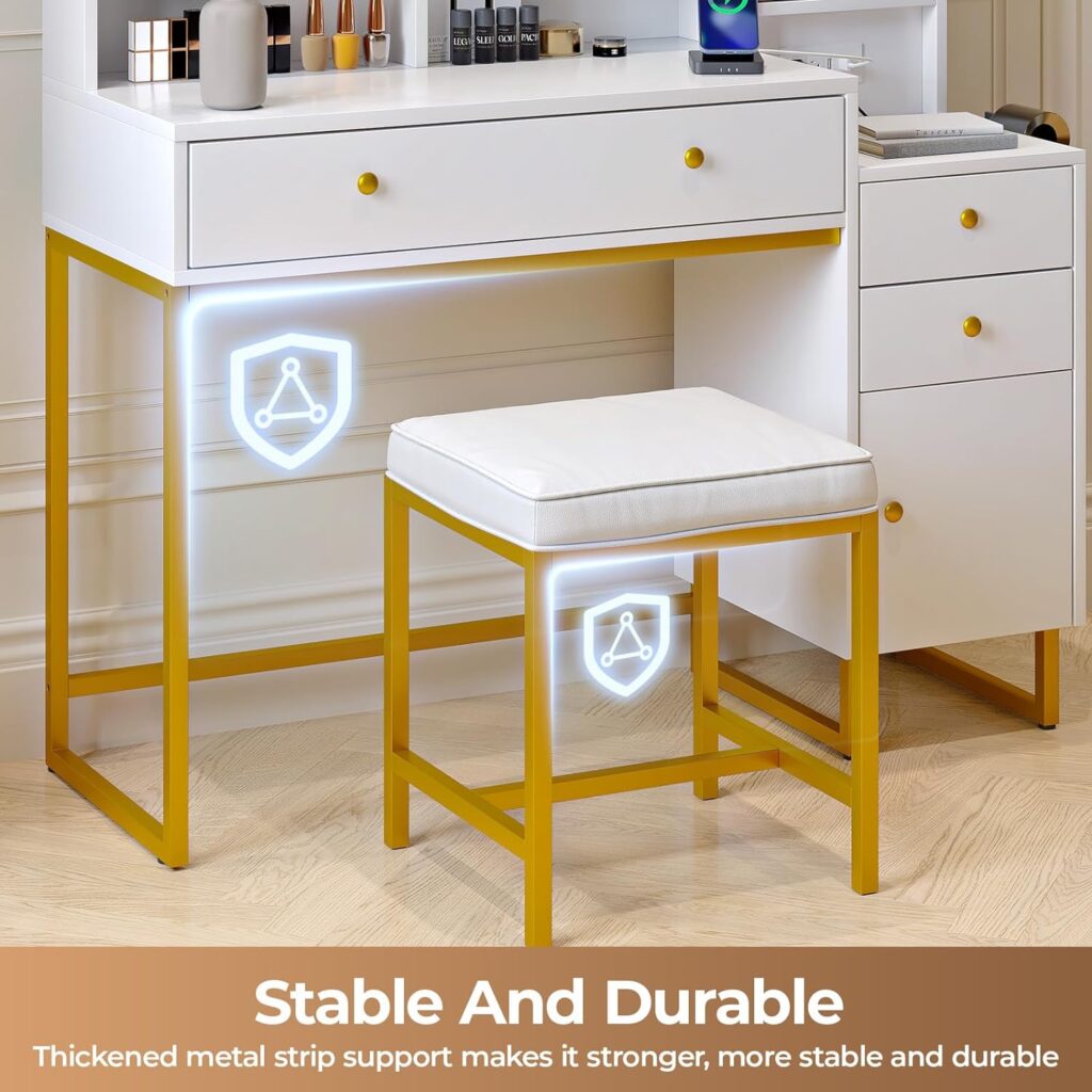 Vanity Mirror with Lights, Vanity Desk with Large Drawers, Makeup Vanity Table with Charging Station, White Vanity Set with Stool for Women, Girl, Make Up Vanitys for Home Bedroom