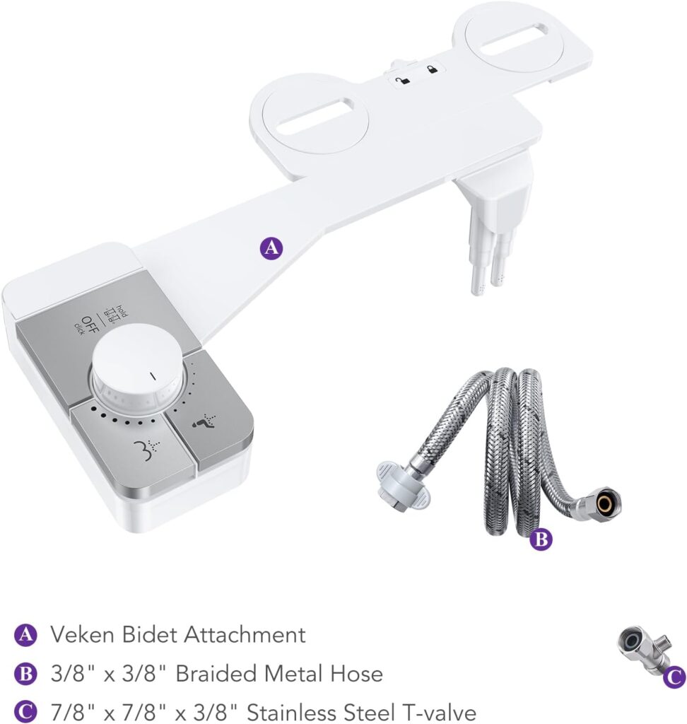 Veken Bidet Attachment for Toilet - Ultra-Slim Self Cleaning Fresh Cold Water Sprayer Bidets for Existing Toilets Seat Baday Beday Badette Bedette with Dual Nozzle for Feminine and Posterior Wash