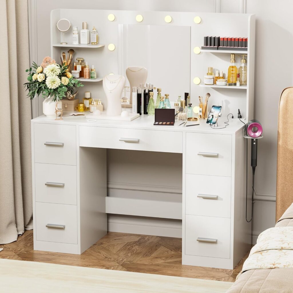 VICTONE Vanity Desk with LED Lighted MirrorPower Outlet, 3 Model Lights Makeup Vanity Table with 7 Drawers and 6 Storage Shelves for Bedroom and Dressing Room (White)