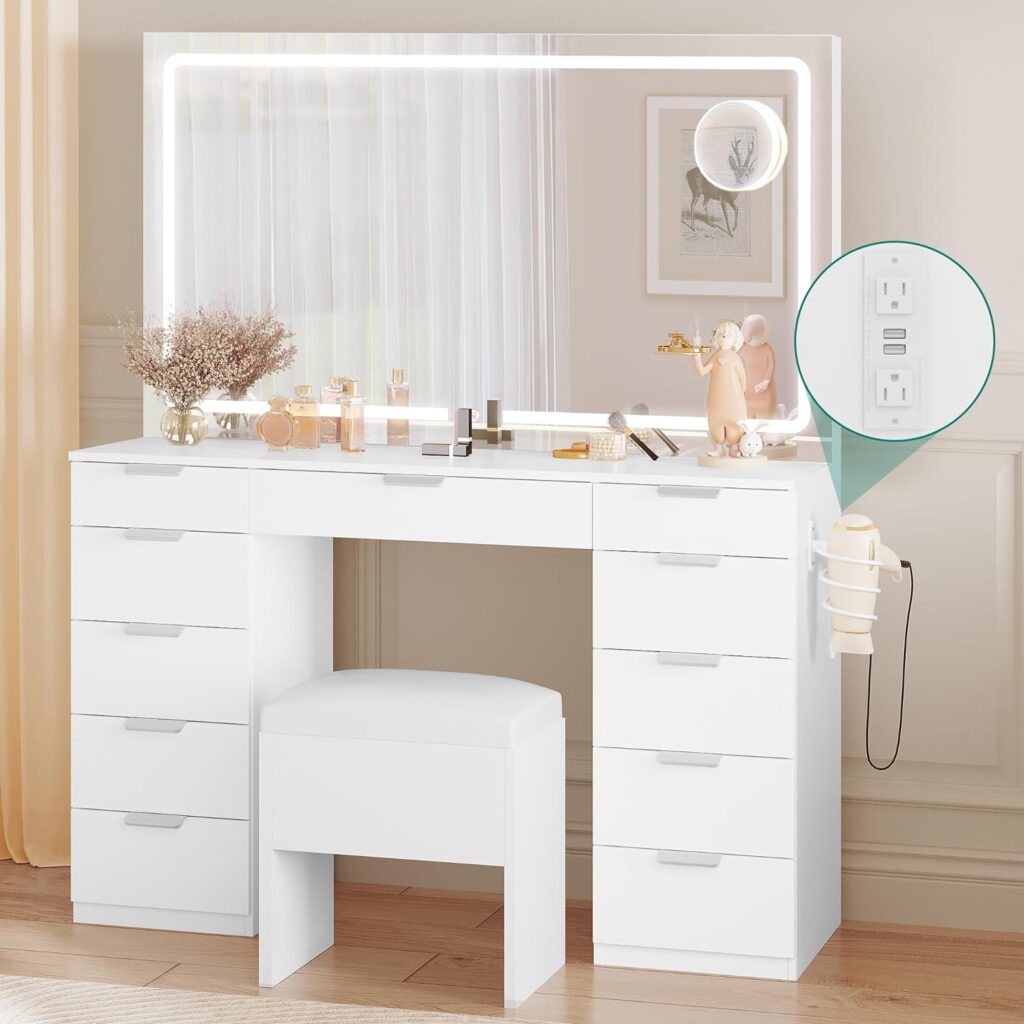 YITAHOME Vanity Desk Set with Large LED Lighted Mirror  Power Outlet, Makeup Vanity with 11 Drawers and Magnifying Glass, 46 Vanity with Storage Bench for Bedroom, White